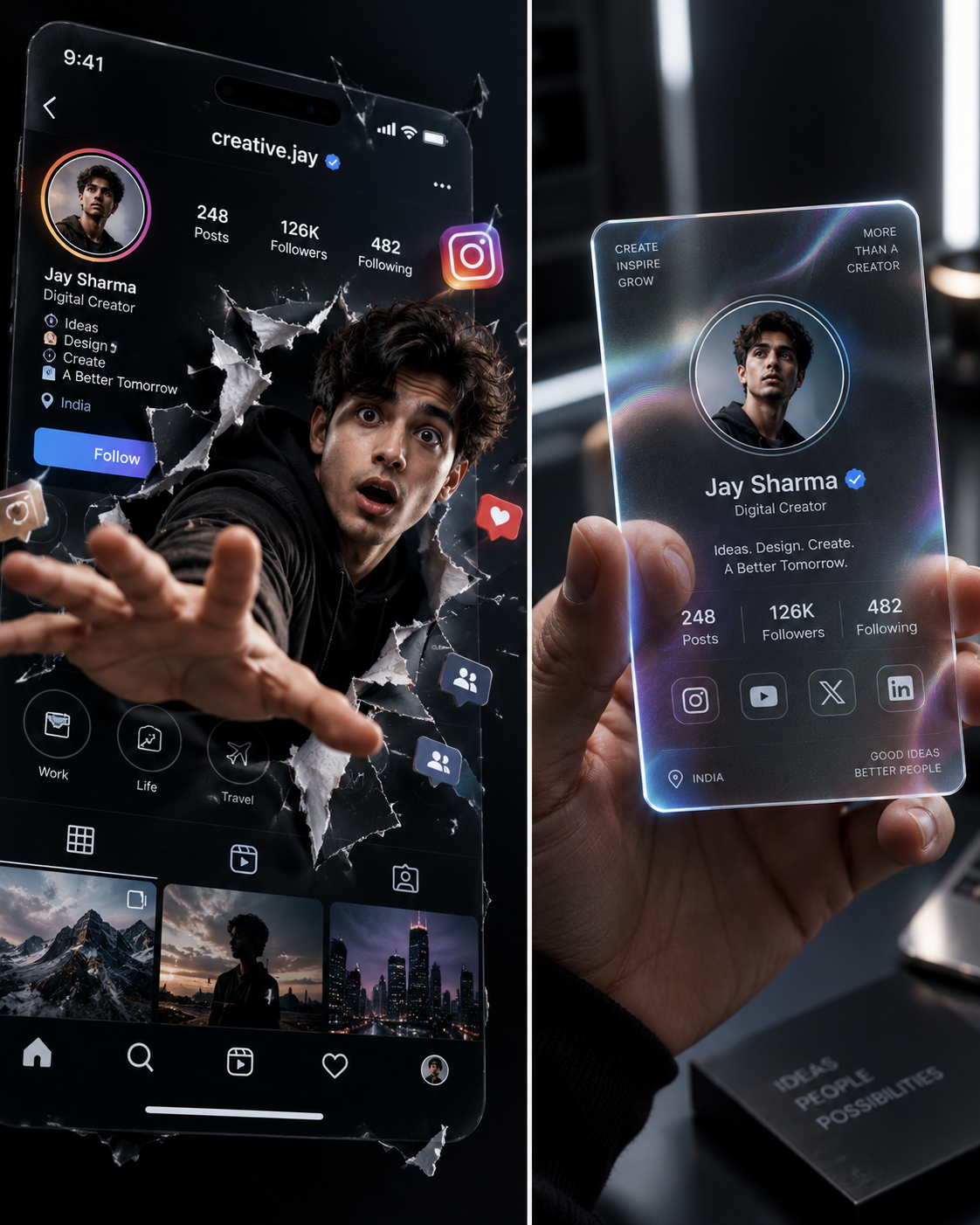 3D Social Profile Breakthrough & Holographic Card AI Prompt