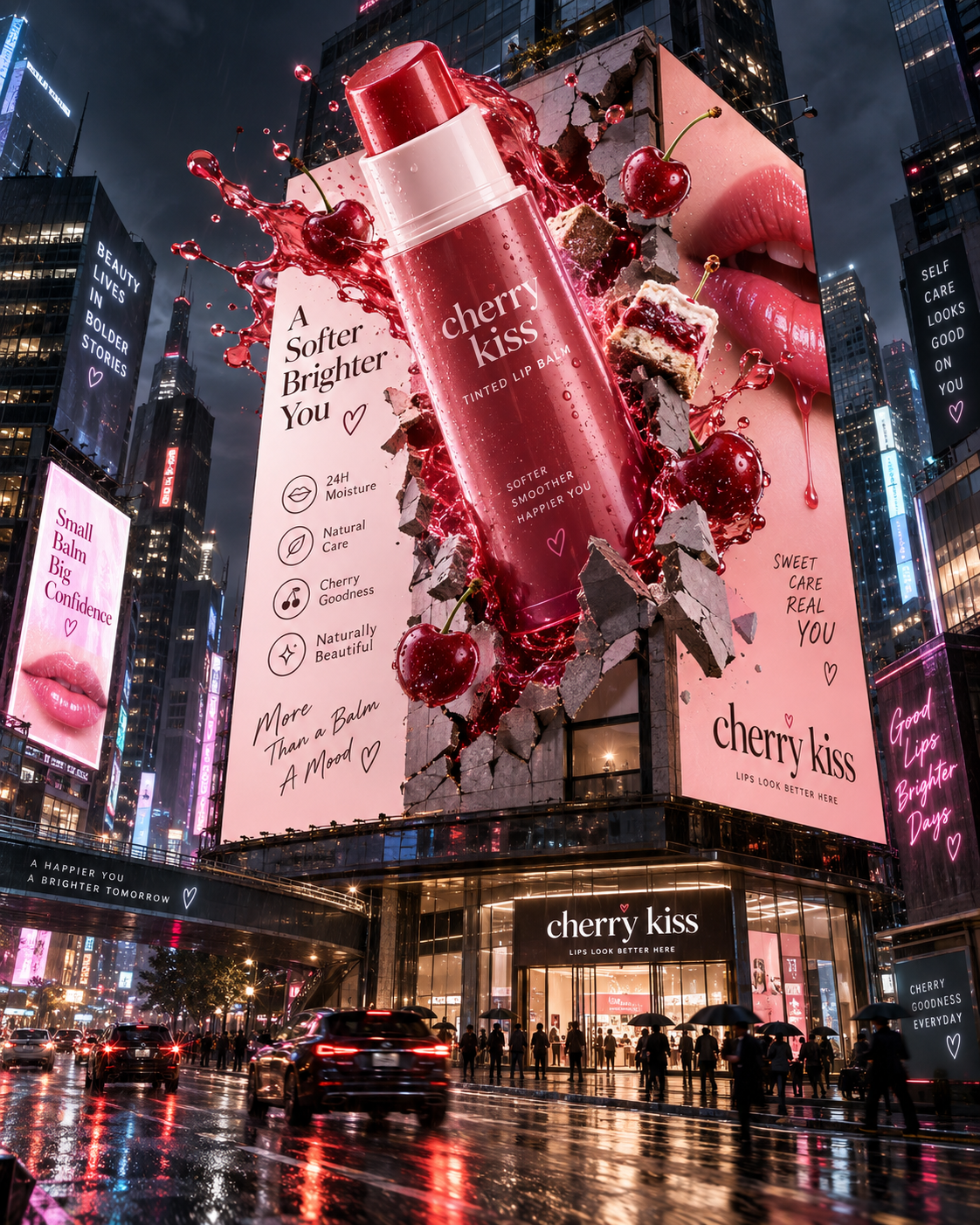 Giant Lip Balm Billboard Cinematic Ad Reel – Creative AI Advertising Prompt