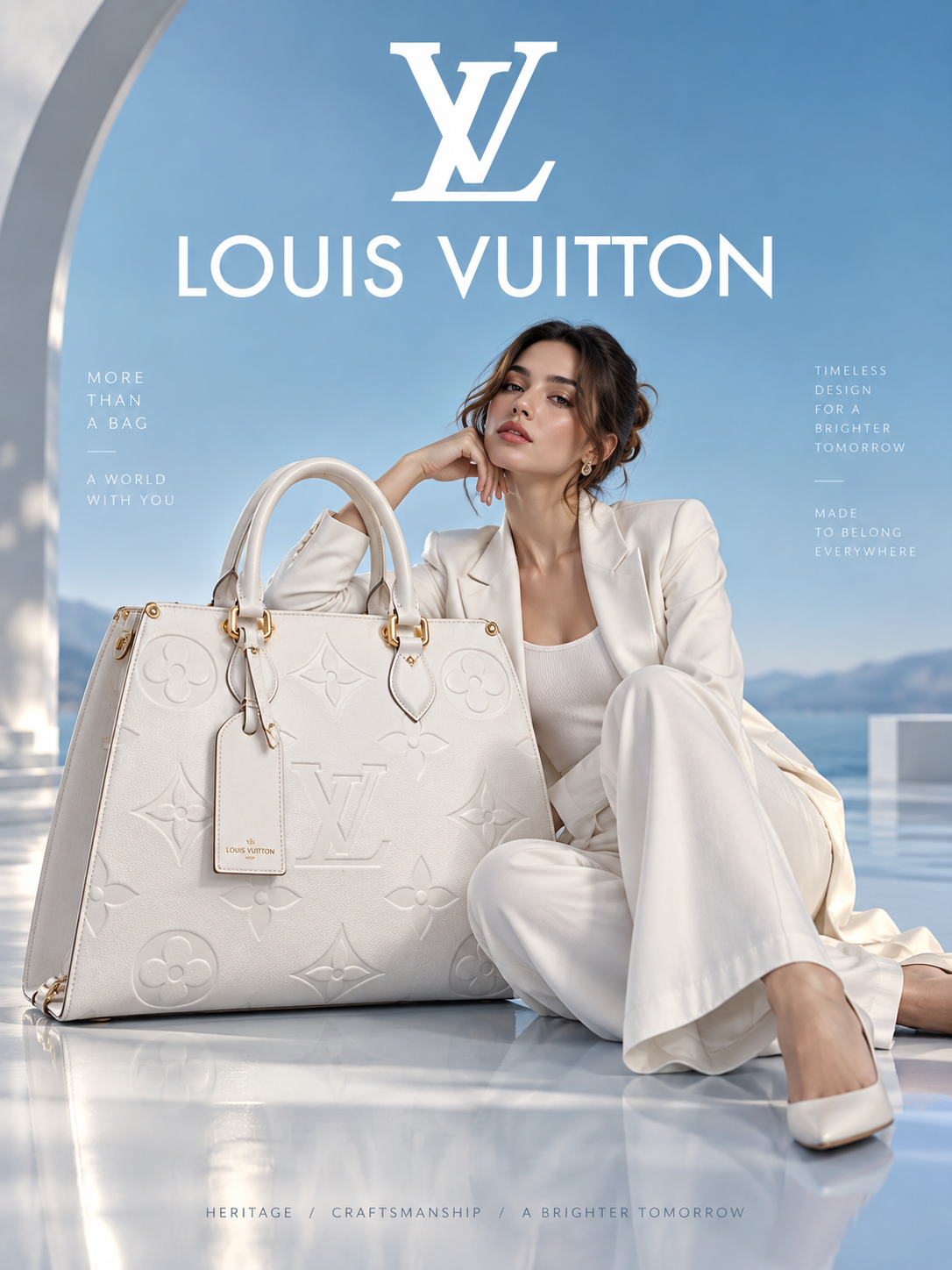 Minimalist Louis Vuitton Handbag Ad – Luxury Fashion AI Advertising Prompt