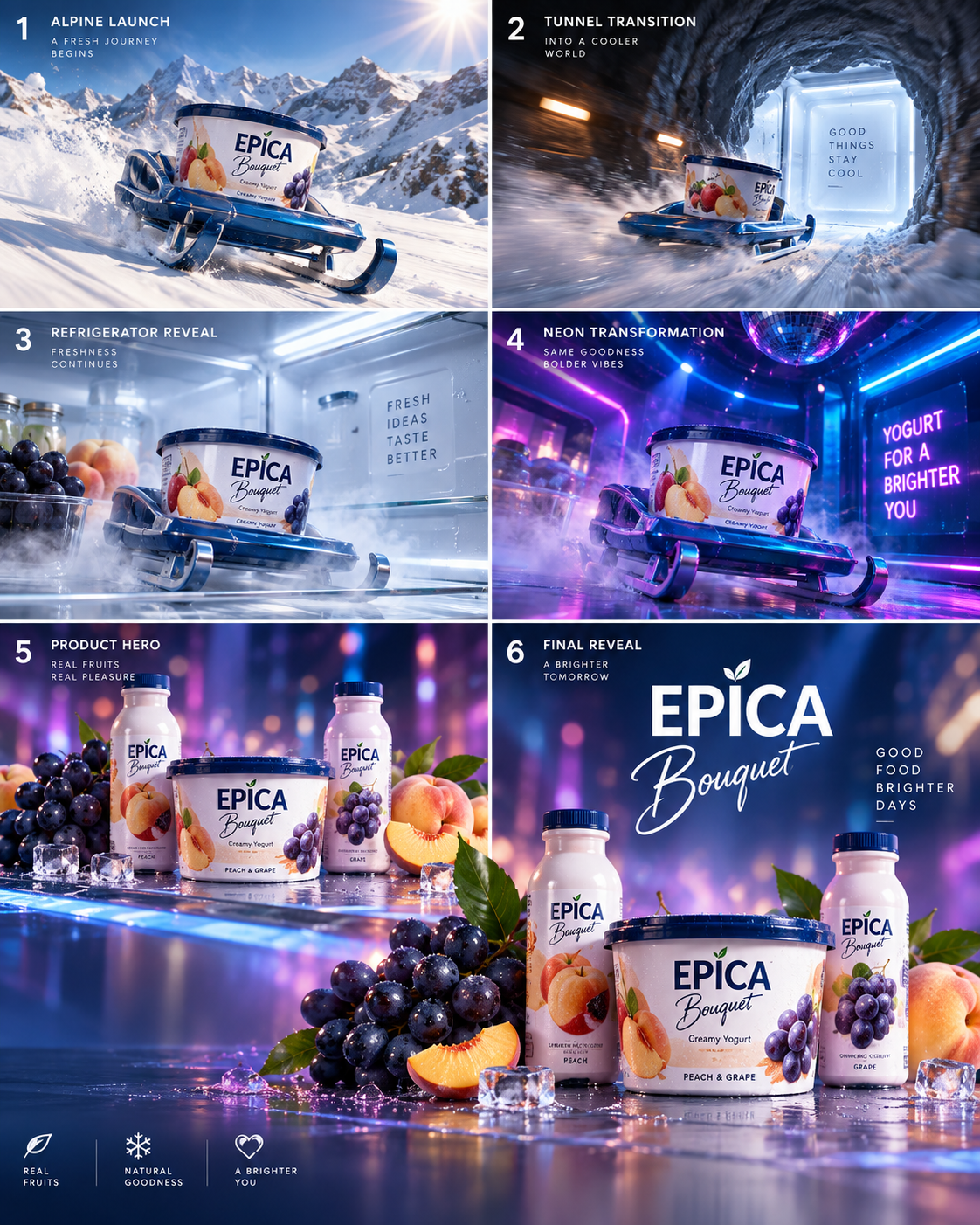 Epica Bouquet Yogurt Sled Cinematic 3D Ad – AI Commercial Prompt